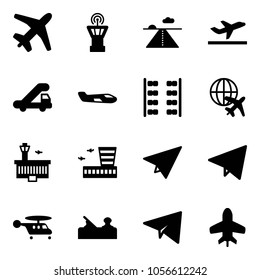 Solid vector icon set - plane vector, airport tower, runway, departure, trap truck, small, seats, globe, building, paper, fly, helicopter, jointer, toy
