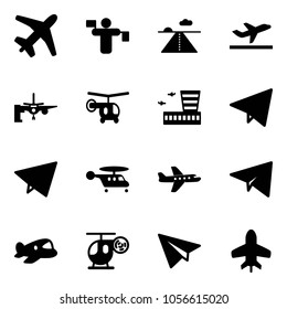 Solid vector icon set - plane vector, traffic controller, runway, departure, boarding passengers, helicopter, airport building, paper fly, toy