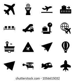 Solid vector icon set - plane vector, airport tower, departure, baggage, waiting area, trap truck, scales, globe, building, road sign, paper, air balloon, fly, helicopter, toy