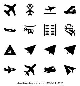 Solid vector icon set - plane vector, radar, departure, trap truck, small, helicopter, seats, globe, airport road sign, paper, fly, toy