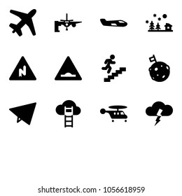 Solid vector icon set - plane vector, boarding passengers, small, christmas landscape, abrupt turn right road sign, artificial unevenness, career, moon flag, paper fly, cloud ladder, helicopter