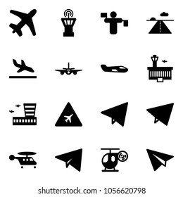 Solid vector icon set - plane vector, airport tower, traffic controller, runway, arrival, small, building, road sign, paper fly, helicopter, toy