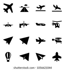 Solid vector icon set - plane vector, runway, departure, arrival, boarding passengers, small, helicopter, paper, fly, air balloon, toy