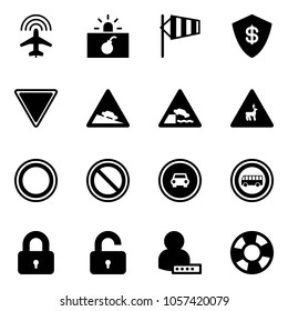 Solid vector icon set - plane radar vector, terrorism, side wind, safe, giving way road sign, steep descent, embankment, wild animals, prohibition, no car, bus, locked, unlocked, user password