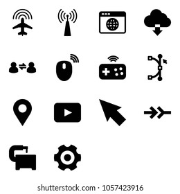 Solid vector icon set - plane radar vector, antenna, browser globe, download cloud, information exchange, mouse wireless, joystick, bezier, navigation pin, playback, cursor, connect, machine tool