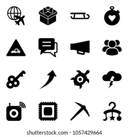 Solid vector icon set - plane globe vector, gift, sleigh, stopwatch heart, car crash road sign, chat, loudspeaker, group, key, growth, sea turtle, storm, wireless speaker, cpu, axe, baby carousel