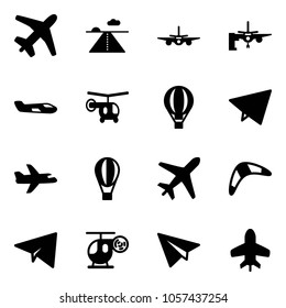Solid vector icon set - plane vector, runway, boarding passengers, small, helicopter, air balloon, paper fly, boomerang, toy