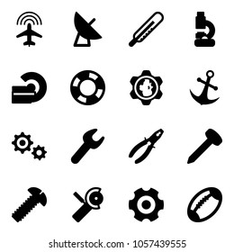 Solid vector icon set - plane radar vector, satellite antenna, thermometer, lab, mri, lifebuoy, gear globe, anchor, wrench, pliers, nail, screw, Angular grinder, football