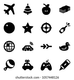 Solid vector icon set - plane vector, christmas tree, apple, dollar, record, star, target, fizz opening, globe, car wireless, connect, duck toy, beanbag, joystick, marker