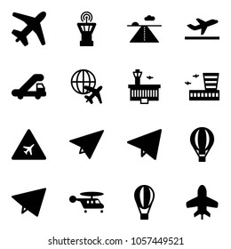 Solid vector icon set - plane vector, airport tower, runway, departure, trap truck, globe, building, road sign, paper, fly, air balloon, helicopter, toy