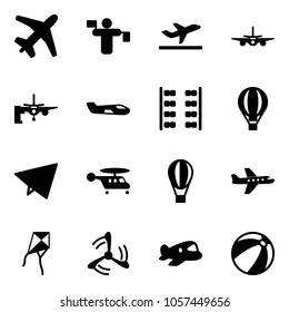 Solid vector icon set - plane vector, traffic controller, departure, boarding passengers, small, seats, air balloon, paper fly, helicopter, kite, wind mill, toy, beach ball