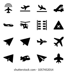 Solid vector icon set - plane radar vector, departure, arrival, trap truck, small, helicopter, seats, airport road sign, paper, fly, toy