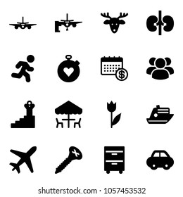 Solid vector icon set - plane vector, boarding passengers, christmas deer, kidneys, run, stopwatch heart, calendar, group, success, outdoor cafe, tulip, cruiser, screw, tool cabinet, car