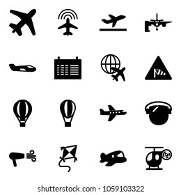 Solid vector icon set - plane vector, radar, departure, boarding passengers, small, schedule, globe, side wind road sign, air balloon, protect glass, dryer, kite, toy, helicopter
