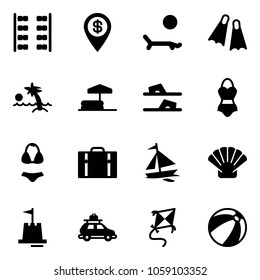 Solid vector icon set - plane seats vector, dollar pin, lounger, flippers, palm, inflatable pool, flip flops, swimsuit, suitcase, sail boat, shell, sand castle, car baggage, kite, beach ball