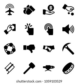 Solid vector icon set - plane radar vector, gloves, investment, cash pay, hand touch, cursor, volume max, friends, dislike, agreement, rock axe, bucksaw, rubber hammer, pipe welding, tambourine