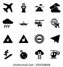 Solid vector icon set - plane vector, airport tower, runway, clouds, storm, helicopter, globe, road sign, abrupt turn right, no bus, paper fly, career, moon flag, cloud ladder, toy
