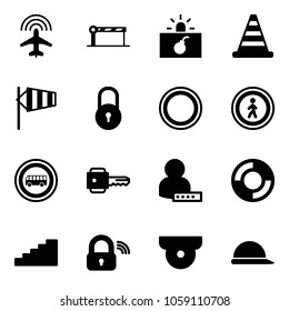 Solid vector icon set - plane radar vector, barrier, terrorism, road cone, side wind, lock, prohibition sign, no pedestrian, bus, key, user password, lifebuoy, stairs, wireless, surveillance camera