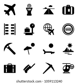 Solid vector icon set - plane vector, airport tower, runway, suitcase, seats, baggage scales, globe, customs road sign, rock axe, beach, lounger, pyramid, helicopter toy