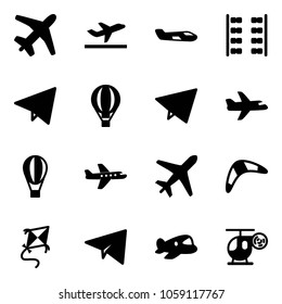 Solid vector icon set - plane vector, departure, small, seats, paper fly, air balloon, boomerang, kite, toy, helicopter
