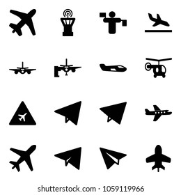 Solid vector icon set - plane vector, airport tower, traffic controller, arrival, boarding passengers, small, helicopter, road sign, paper fly, toy