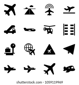 Solid vector icon set - plane vector, runway, radar, departure, trap truck, small, helicopter, seats, baggage scales, globe, airport road sign, paper fly, toy