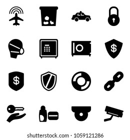 Solid vector icon set - plane radar vector, trash, safety car, lock, medical mask, safe, shield, lifebuoy, link, key hand, uv cream, surveillance camera