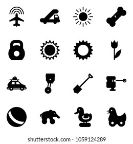 Solid vector icon set - plane radar vector, trap truck, sun, broken bone, weight, tulip, car baggage, piston, shovel, laser lever, ball, elephant wheel, toy duck