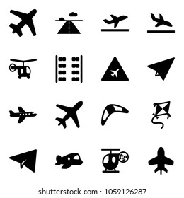 Solid vector icon set - plane vector, runway, departure, arrival, helicopter, seats, airport road sign, paper, boomerang, kite, toy