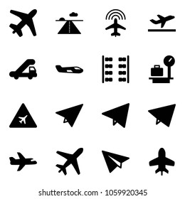 Solid vector icon set - plane vector, runway, radar, departure, trap truck, small, seats, baggage scales, airport road sign, paper, fly, toy