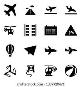 Solid vector icon set - plane vector, runway, departure, arrival, helicopter, seats, schedule, side wind road sign, air balloon, paper fly, mill, kite, toy, beach ball