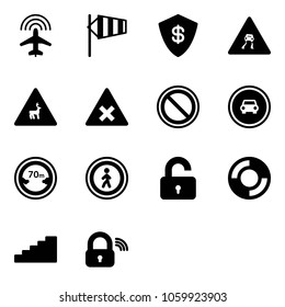Solid vector icon set - plane radar vector, side wind, safe, slippery road sign, wild animals, railway intersection, prohibition, no car, limited distance, pedestrian, unlocked, lifebuoy, stairs