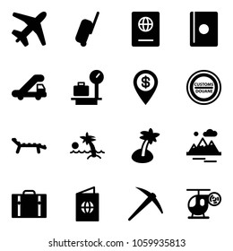 Solid vector icon set - plane vector, suitcase, passport, trap truck, baggage scales, dollar pin, customs road sign, lounger, palm, mountains, axe, helicopter toy