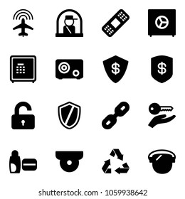 Solid vector icon set - plane radar vector, officer window, medical patch, safe, unlocked, shield, link, key hand, uv cream, surveillance camera, recycling, protect glass