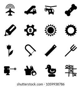 Solid vector icon set - plane radar vector, trap truck, helicopter, broken bone, highlight marker, money managemet, sun, tulip, fretsaw, ruler, farm fork, laser lever, shovel bucket, toy duck