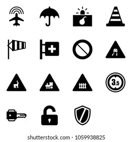 Solid vector icon set - plane radar vector, insurance, terrorism, road cone, side wind, first aid room, prohibition sign, slippery, wild animals, railway intersection, limited height, key, unlocked