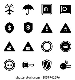 Solid vector icon set - plane radar vector, insurance, safe, traffic light road sign, slippery, railway intersection, prohibition, no car, overtake, key, shield, wireless