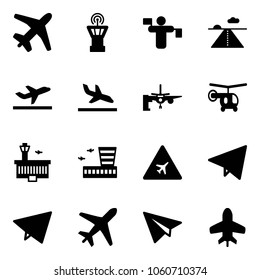 Solid vector icon set - plane vector, airport tower, traffic controller, runway, departure, arrival, boarding passengers, helicopter, building, road sign, paper fly, toy