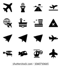 Solid vector icon set - plane vector, airport tower, runway, departure, globe, building, road sign, paper, fly, helicopter, toy