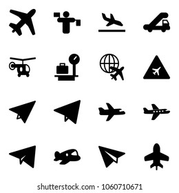 Solid vector icon set - plane vector, traffic controller, arrival, trap truck, helicopter, baggage scales, globe, airport road sign, paper, fly, toy