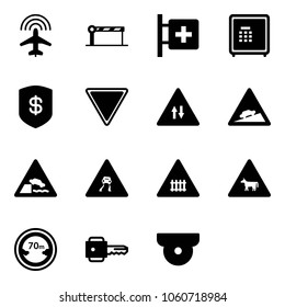Solid vector icon set - plane radar vector, barrier, first aid room, safe, giving way road sign, oncoming traffic, climb, embankment, slippery, railway intersection, cow, limited distance, key