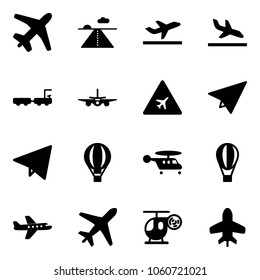 Solid vector icon set - plane vector, runway, departure, arrival, baggage truck, airport road sign, paper, fly, air balloon, helicopter, toy