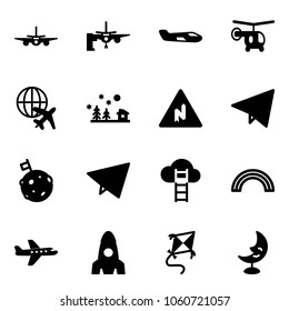 Solid vector icon set - plane vector, boarding passengers, small, helicopter, globe, christmas landscape, abrupt turn right road sign, paper fly, moon flag, cloud ladder, rainbow, rocket, kite, lamp