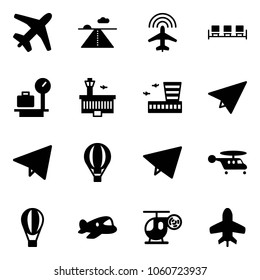 Solid vector icon set - plane vector, runway, radar, waiting area, baggage scales, airport building, paper, fly, air balloon, helicopter, toy