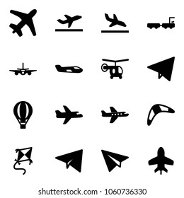 Solid vector icon set - plane vector, departure, arrival, baggage truck, small, helicopter, paper fly, air balloon, boomerang, kite, toy