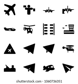 Solid vector icon set - plane vector, traffic controller, boarding passengers, small, helicopter, seats, airport building, road sign, paper fly, jointer, toy