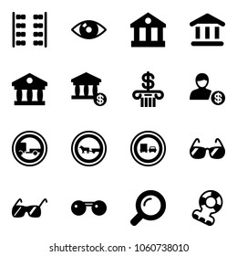 Solid vector icon set - plane seats vector, eye, bank, account, no trailer road sign, cart horse, truck overtake, sunglasses, magnifier, teethers