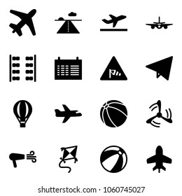 Solid vector icon set - plane vector, runway, departure, seats, schedule, side wind road sign, paper fly, air balloon, ball, mill, dryer, kite, beach, toy