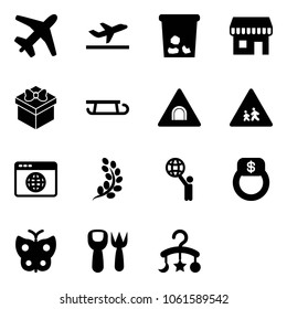 Solid vector icon set - plane vector, departure, trash, duty free, gift, sleigh, tunnel road sign, children, browser globe, golden branch, world, finger ring, butterfly, shovel fork toy