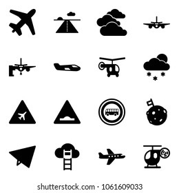 Solid vector icon set - plane vector, runway, clouds, boarding passengers, small, helicopter, snowfall, airport road sign, artificial unevenness, no bus, moon flag, paper fly, cloud ladder, toy